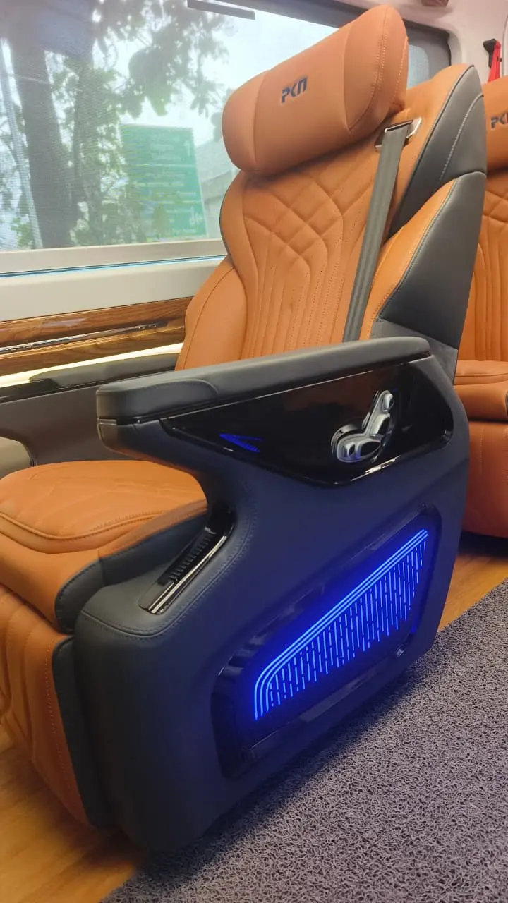 Welcome Trips Ultra Luxury Urbania reclining passenger seat with blue ambient lighting